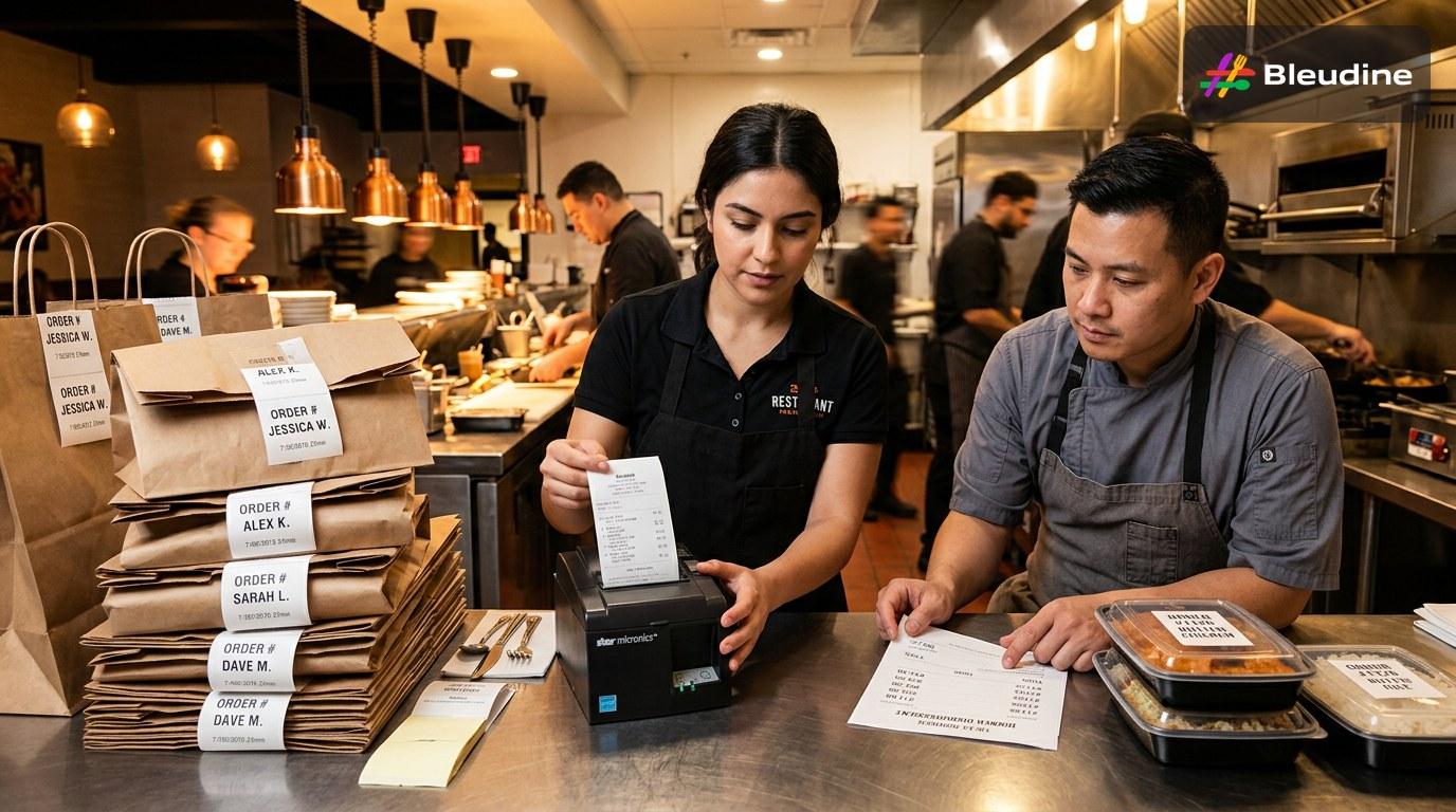 Food delivery management checklist beside a kitchen pass, with labeled packaging, a printed receipt, and a staff member organizing dispatch orders