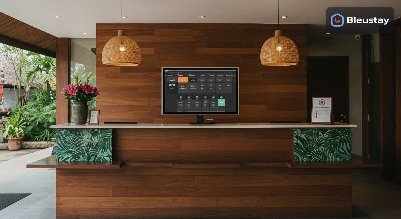 Bali hotel PMS dashboard with room assignment, housekeeping status, and deposit tracking for a busy resort front desk