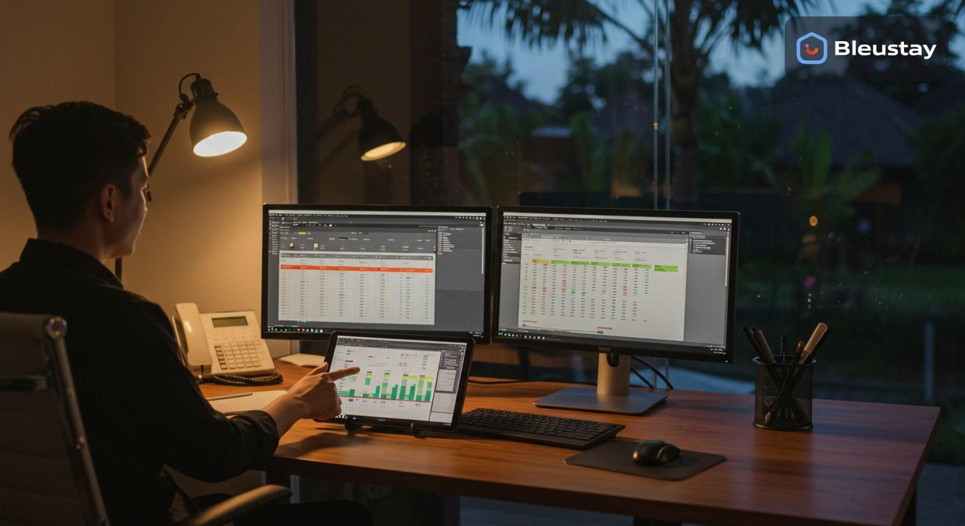 Bali hotel operations team managing channel manager workflows with room inventory screens and reservation updates