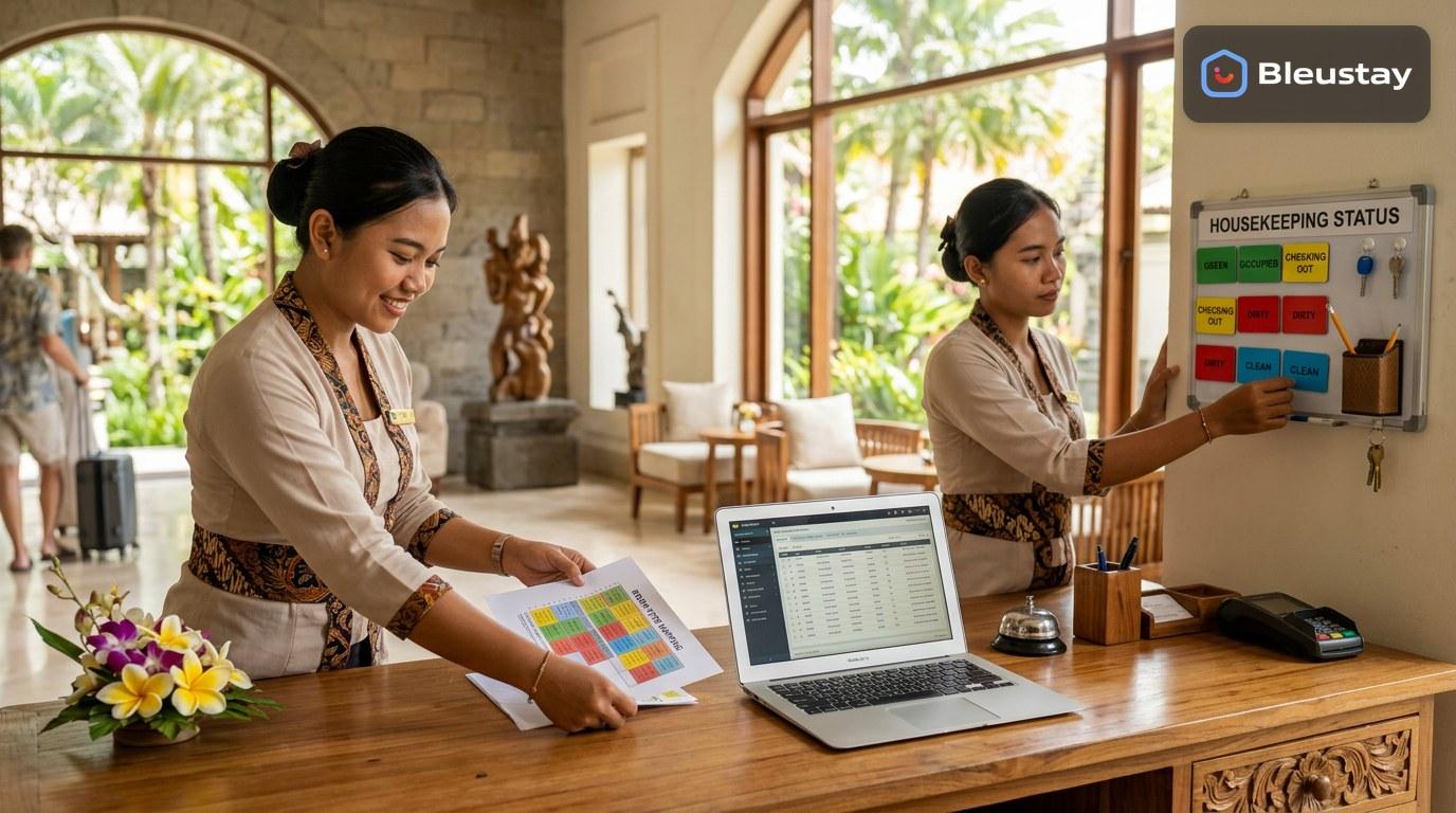 Channel manager implementation checklist for a Bali hotel showing a front desk team reviewing room type mappings on a printed allocation sheet beside a laptop and a housekeeping status board