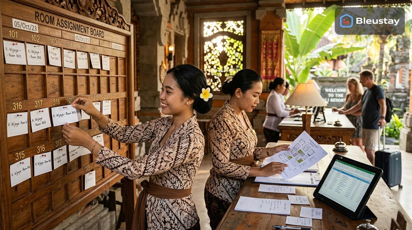 Hotel operations team reviewing room allocation sheets beside a front desk screen, showing the channel manager mistakes that lead to overbookings and rate mismatches