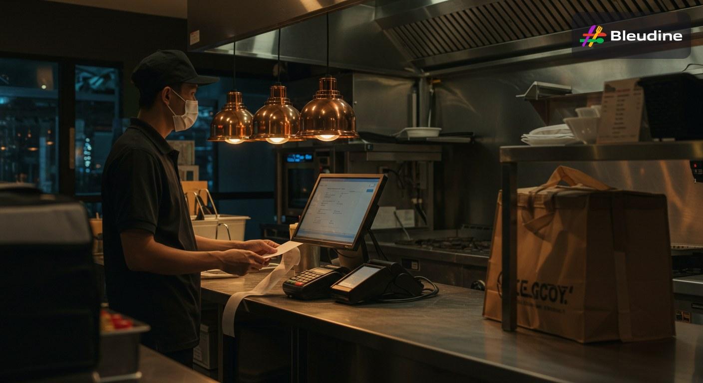 Food delivery management dashboard in a modern restaurant kitchen with staff handling orders, printers, and settlement tracking