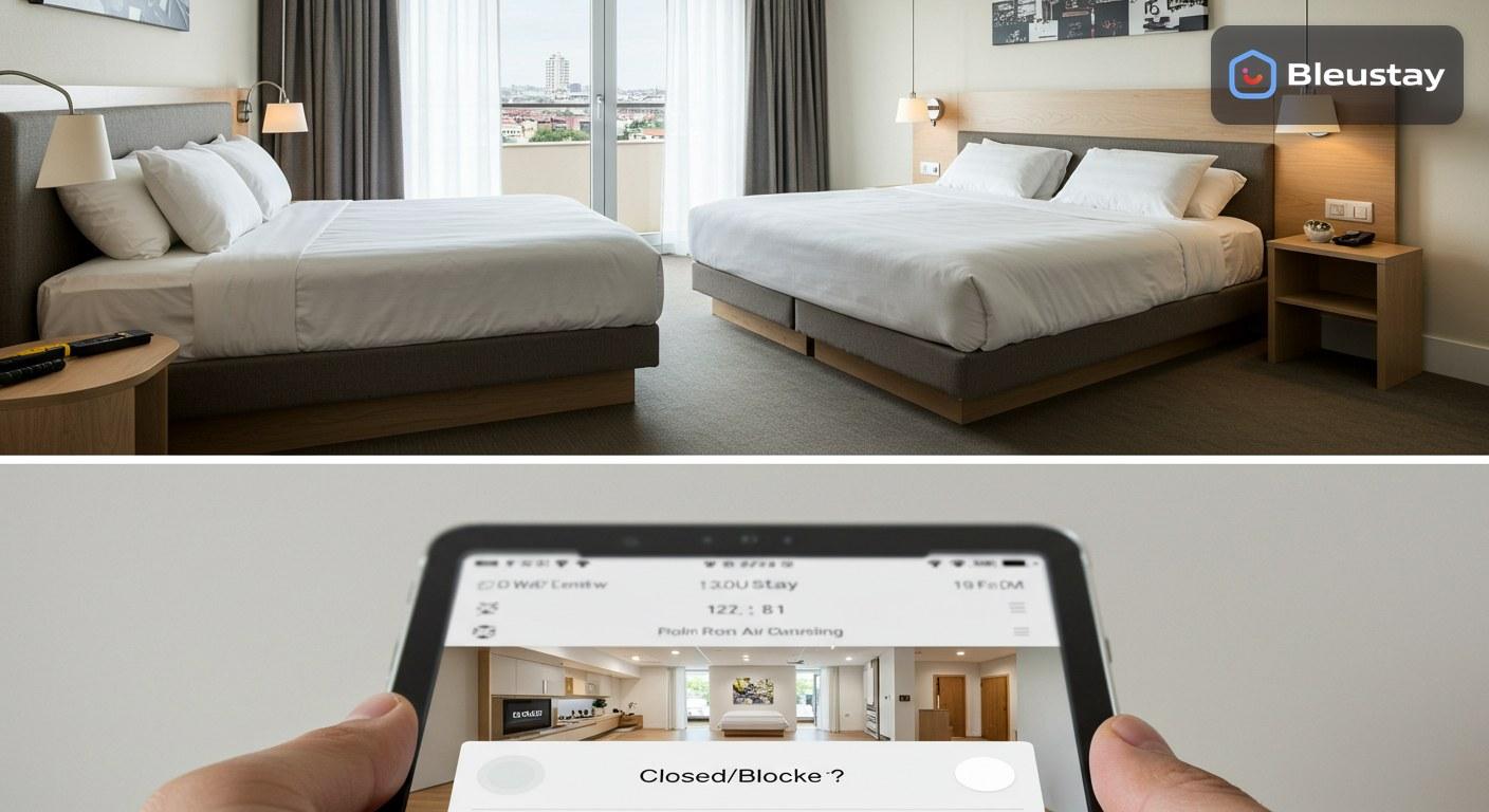 Front desk control in seconds with Bleustay showing a modern hotel room status screen and a room marked blocked for maintenance