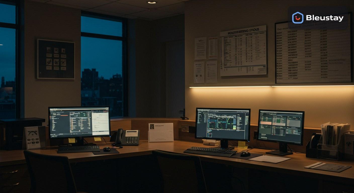 A modern hotel operations desk showing a hospitality operating platform with room status boards, housekeeping updates, and booking management screens.