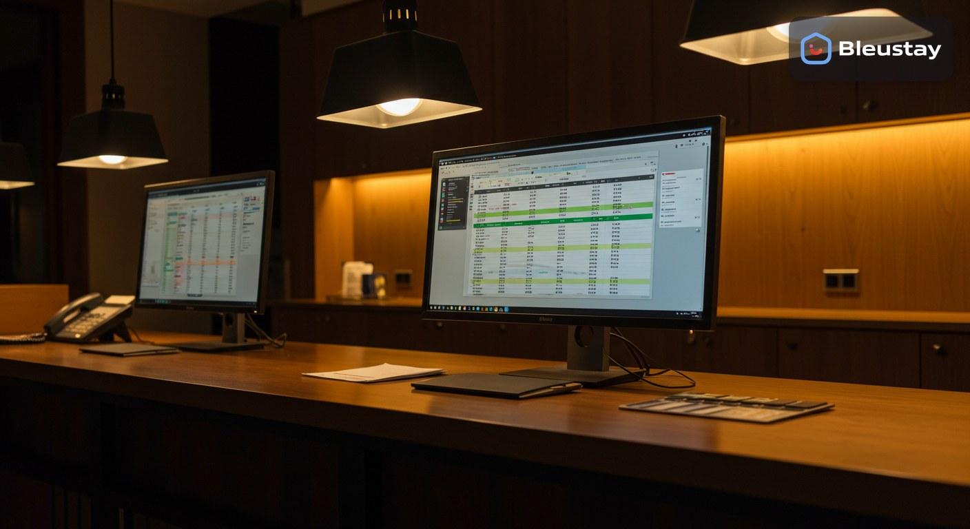 Hotel management app dashboard showing room assignment, housekeeping status, and booking control in a modern Indonesian hotel