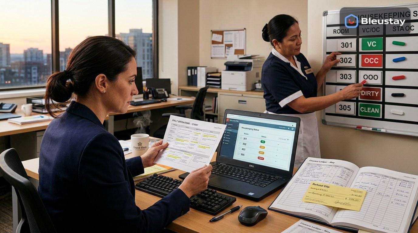 Hotel management software implementation checklist shown through a front desk agent assigning rooms on a laptop beside a printed housekeeping status board and a finance team reviewing refund records.