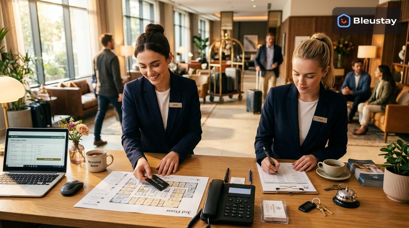 Hotel management system implementation checklist 2026 showing a front desk team assigning rooms on a laptop while housekeeping status and deposit records are reviewed on a printed operations sheet