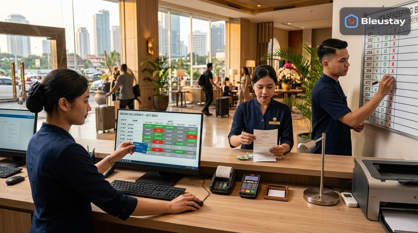 Hotel management system workflow showing a front desk screen, a deposit slip, and room status cards for vacant, occupied, and not available