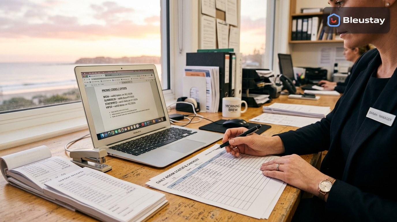 Hotel managers reviewing a hotel management system selection checklist beside a front desk screen, with housekeeping status cards, deposit records, and promo code notes visible