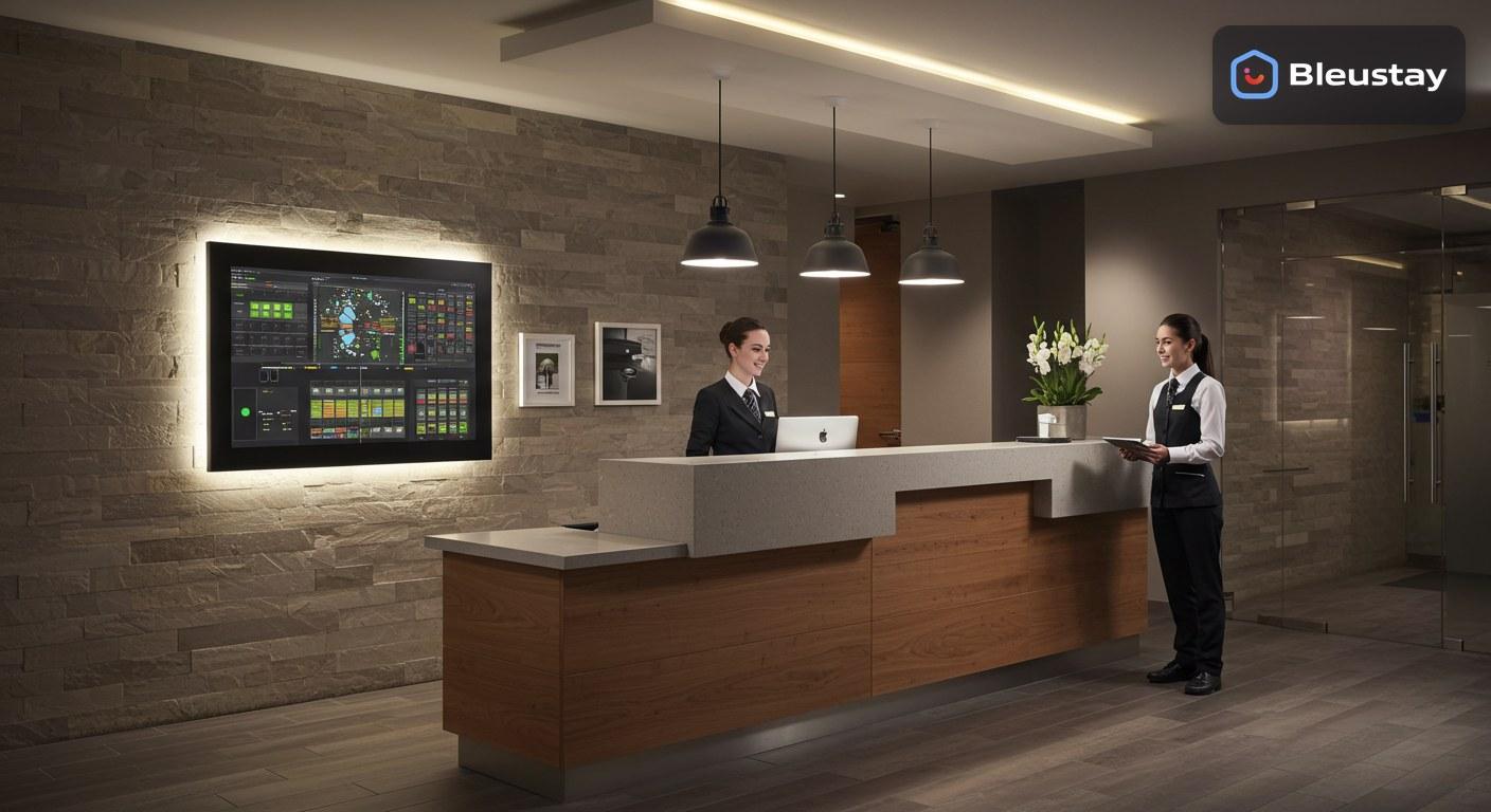 Hotel management system trends in Indonesia shown in a modern front desk with room status dashboard, housekeeping coordination, and clean operational workflow