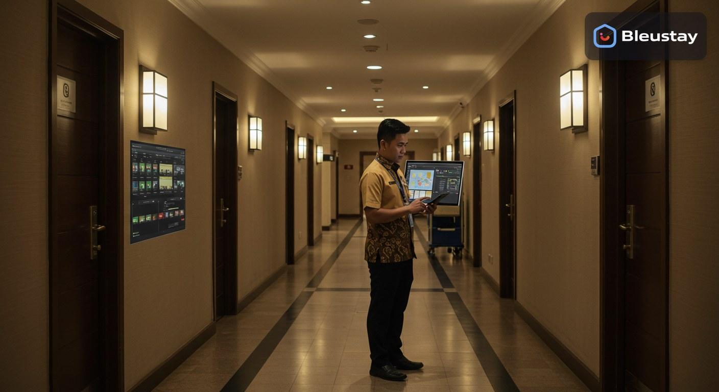 Housekeeping hotel software dashboard showing room status updates and cleaning task coordination in a modern Indonesian hotel