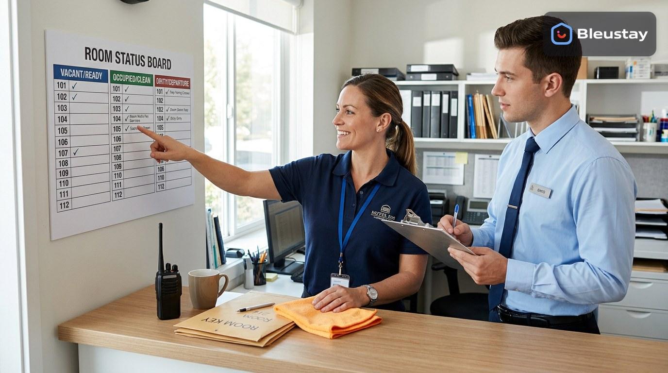 Housekeeping hotel software checklist with a hotel supervisor reviewing room status cards, a cleaning task board, and a front desk handover sheet
