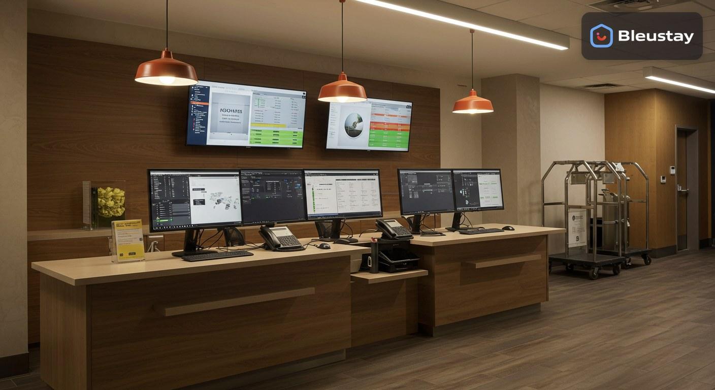 Housekeeping management connected to a hotel PMS with room status boards and front desk workflow in a modern hotel office