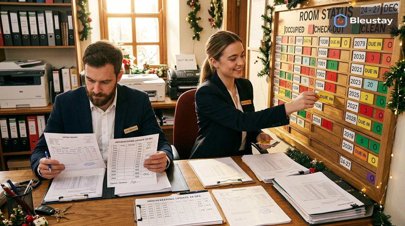 Hotel front desk and housekeeping team coordinating long weekend bookings with a printed room map, payment receipt, and cleaned room status board