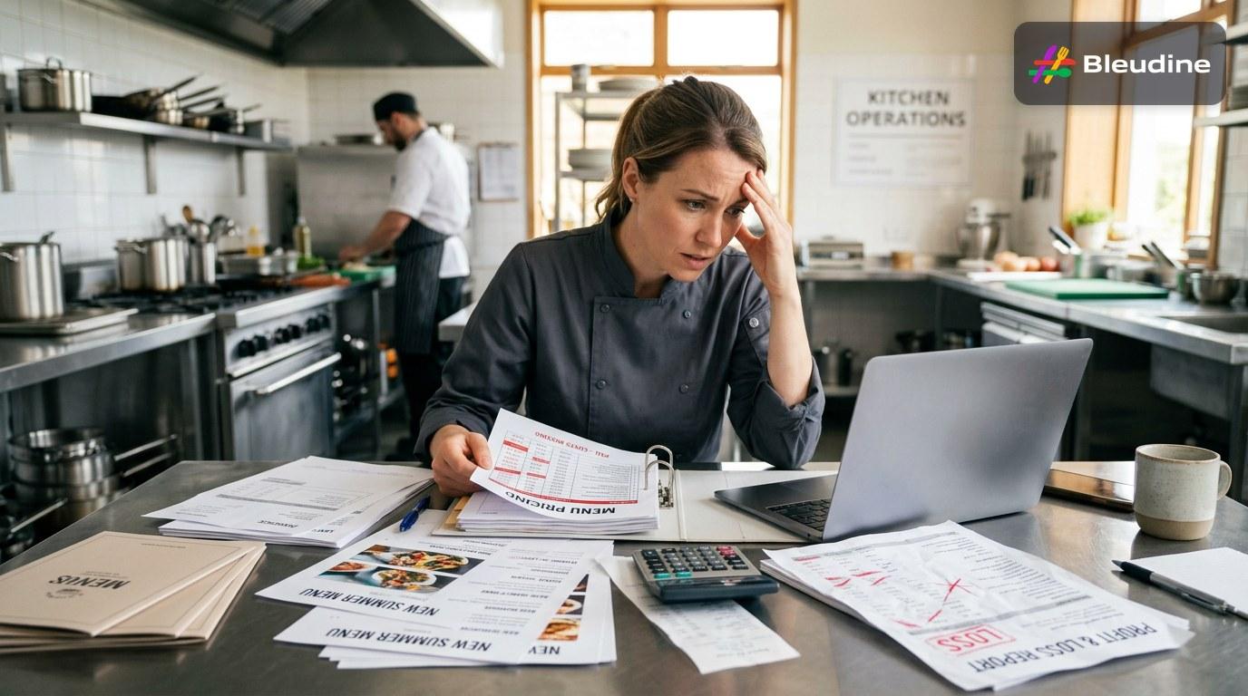 Menu costing worksheet beside a POS sales report and handwritten dish price notes on a wooden restaurant counter