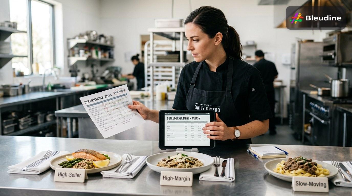 Restaurant manager reviewing a menu engineering checklist beside a POS screen with outlet-level menu items and printed sales reports