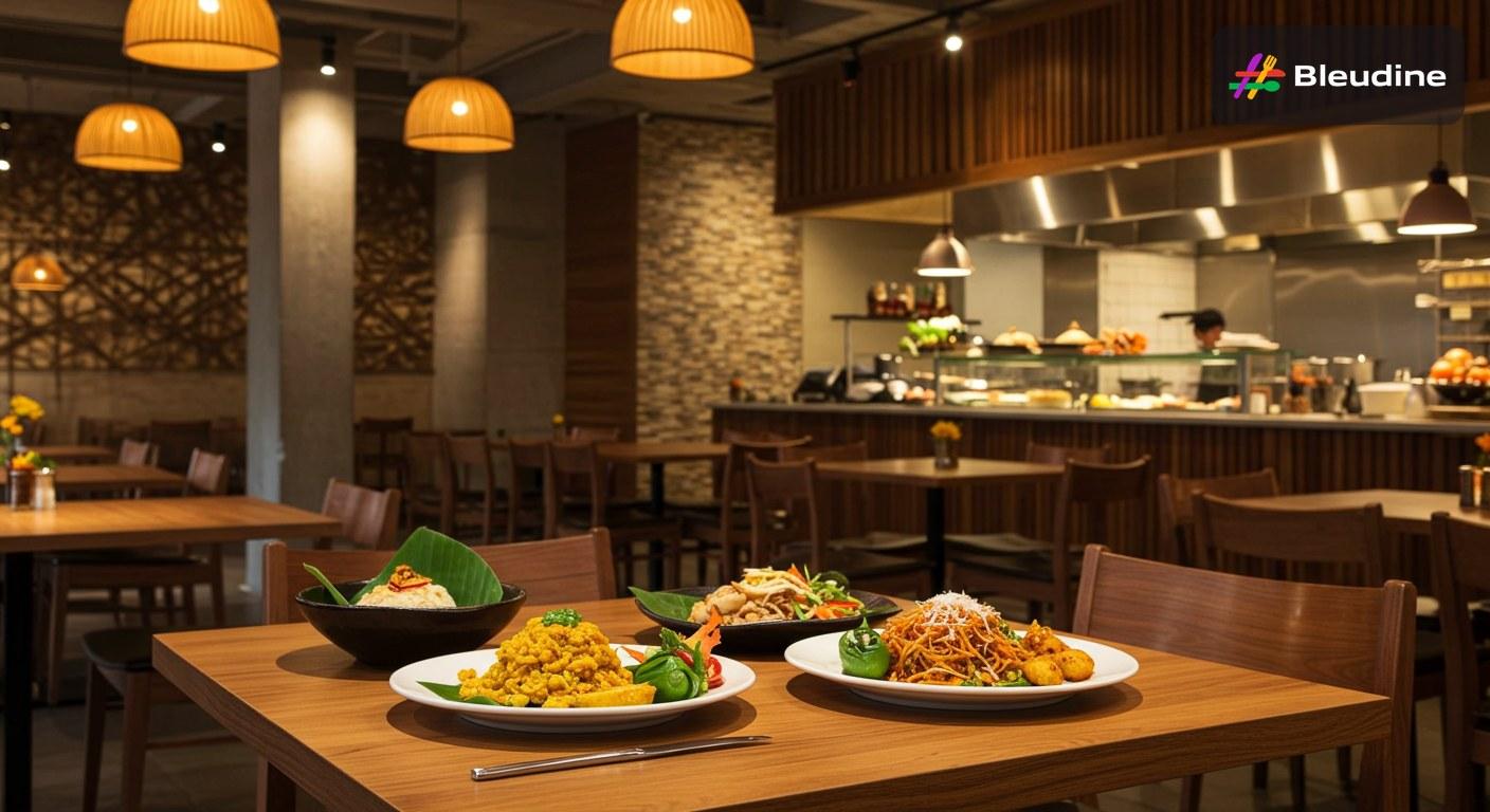 Menu engineering for comfort-led dining in an Indonesian restaurant with premium local dishes, warm lighting, and a modern open kitchen