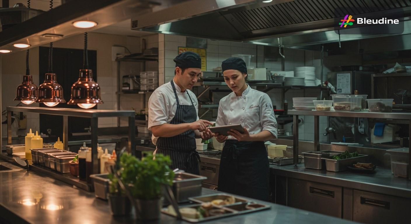 Restaurant team reviewing menu engineering in a modern kitchen with digital menu management screens