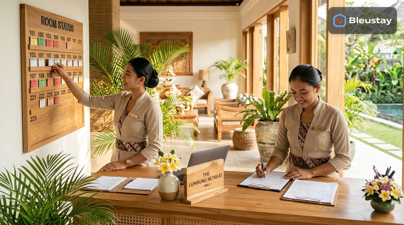 PMS implementation checklist for Bali hotels with a front desk screen showing room status, a housekeeping clipboard, and printed deposit records