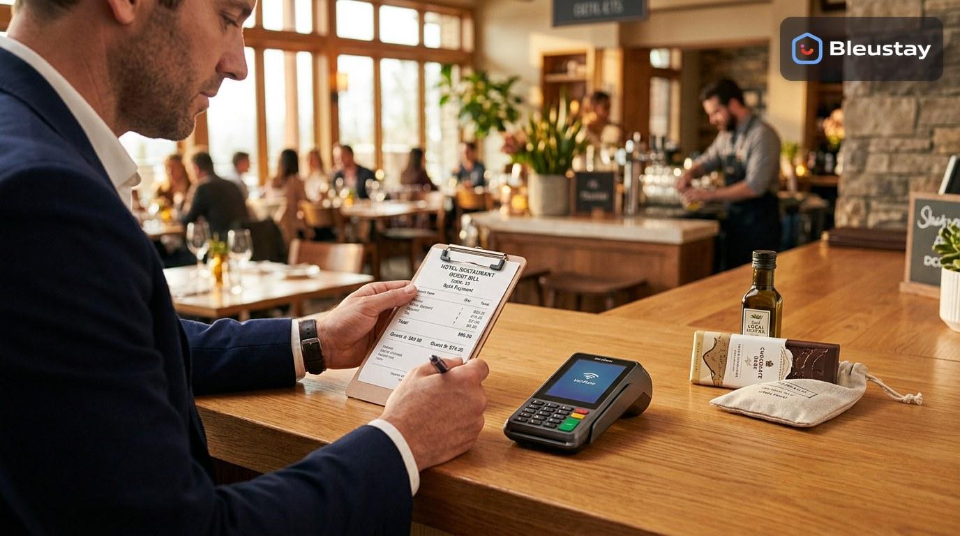 POS system concept for hotel restaurant billing, showing a receipt, payment terminal, and outlet ledger beside a hospitality desk