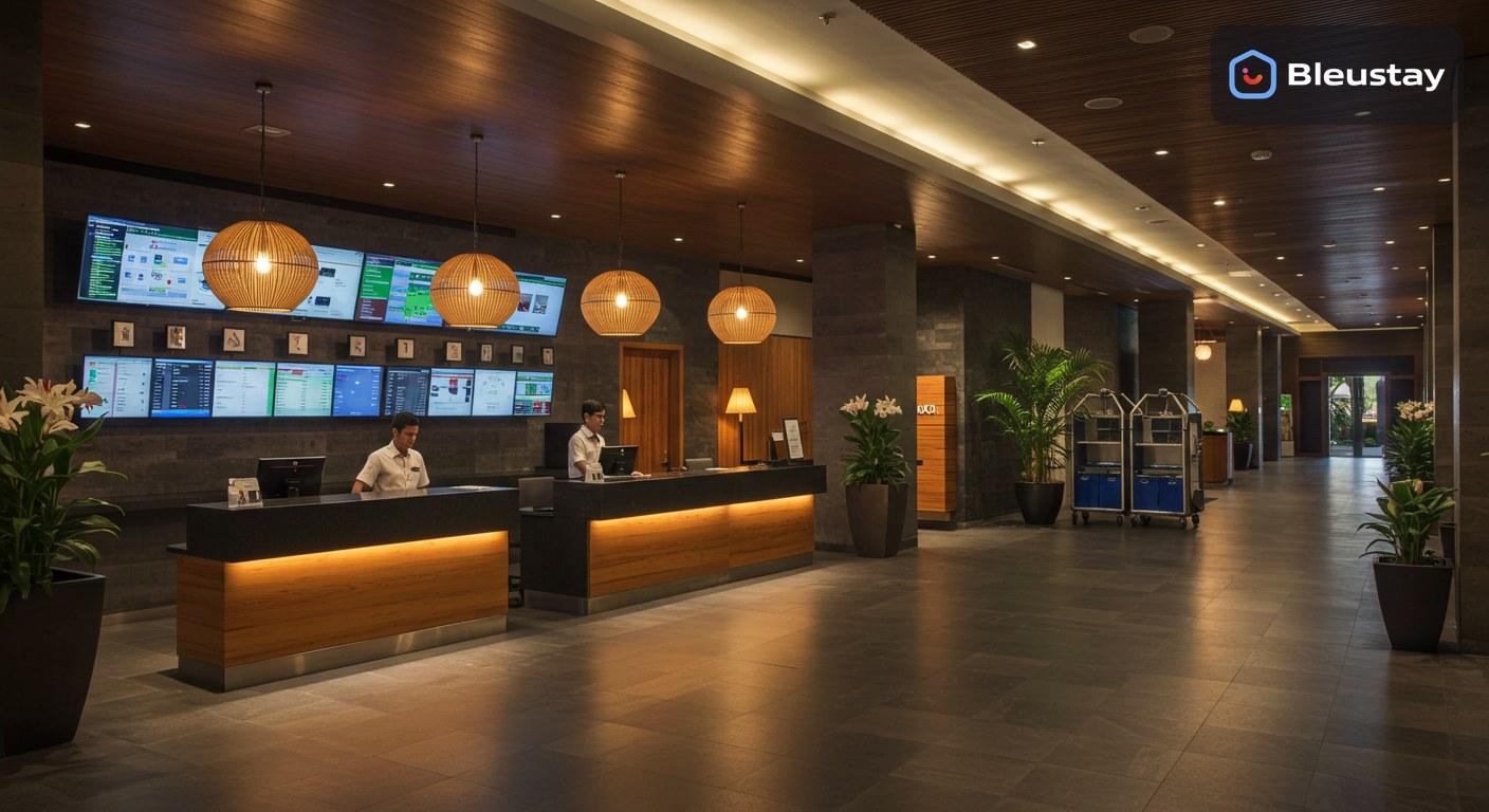 Property management system for Bali hotels showing front desk room assignment, housekeeping status, and operational control in a modern lobby