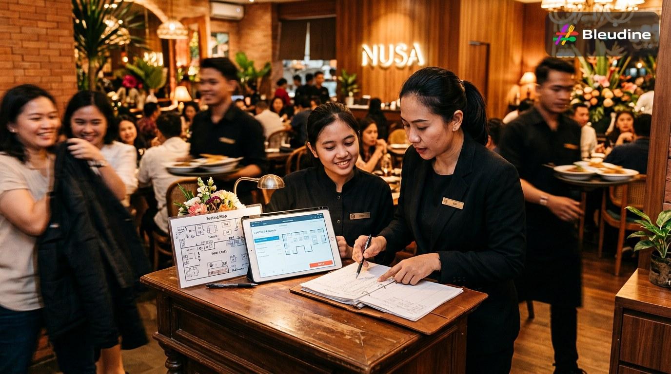 Restaurant reservation systems checklist for Indonesia with a manager reviewing booking flow, table allocation notes, and a POS screen