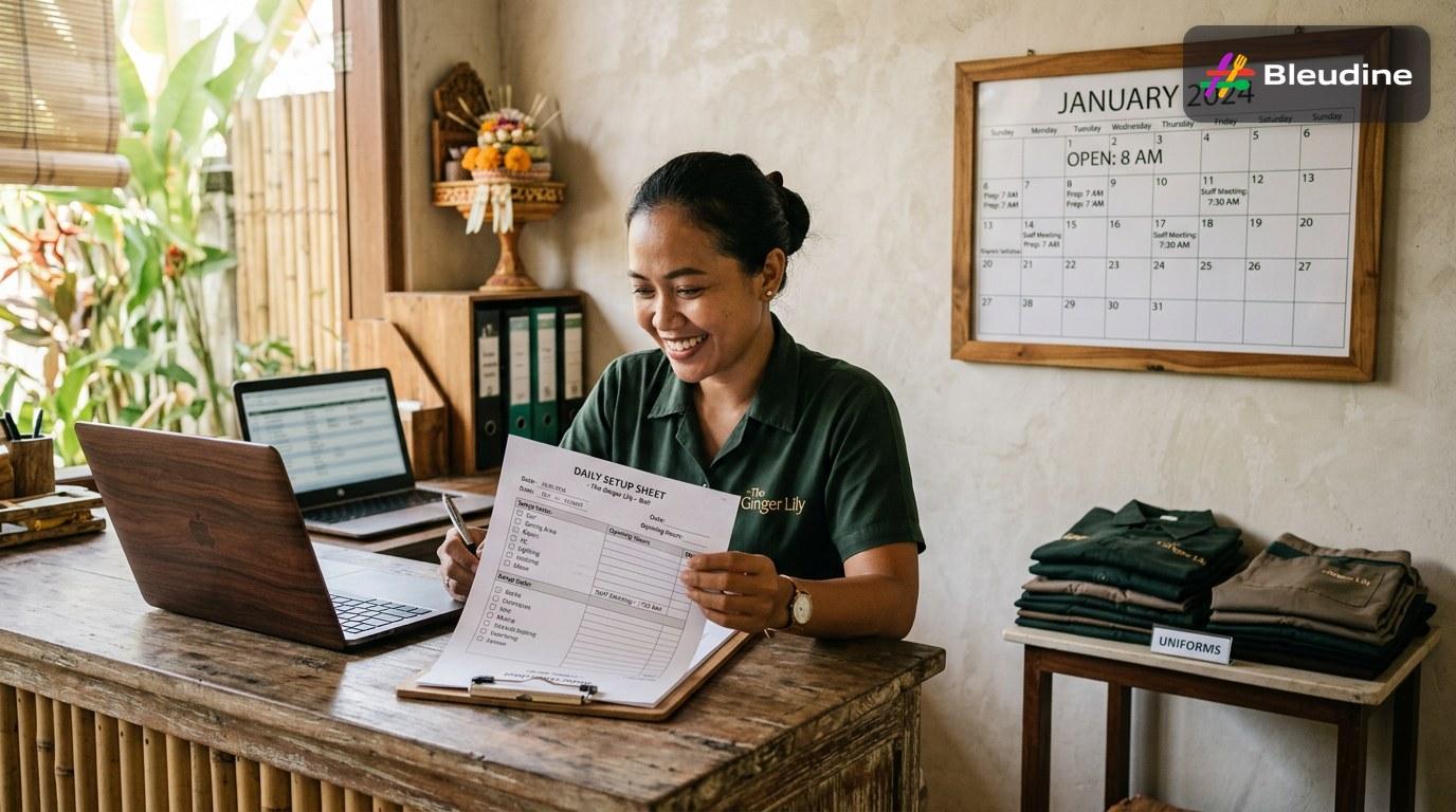 restaurant business Bali guide showing a manager reviewing outlet location details, opening hours, and staff assignments before launch