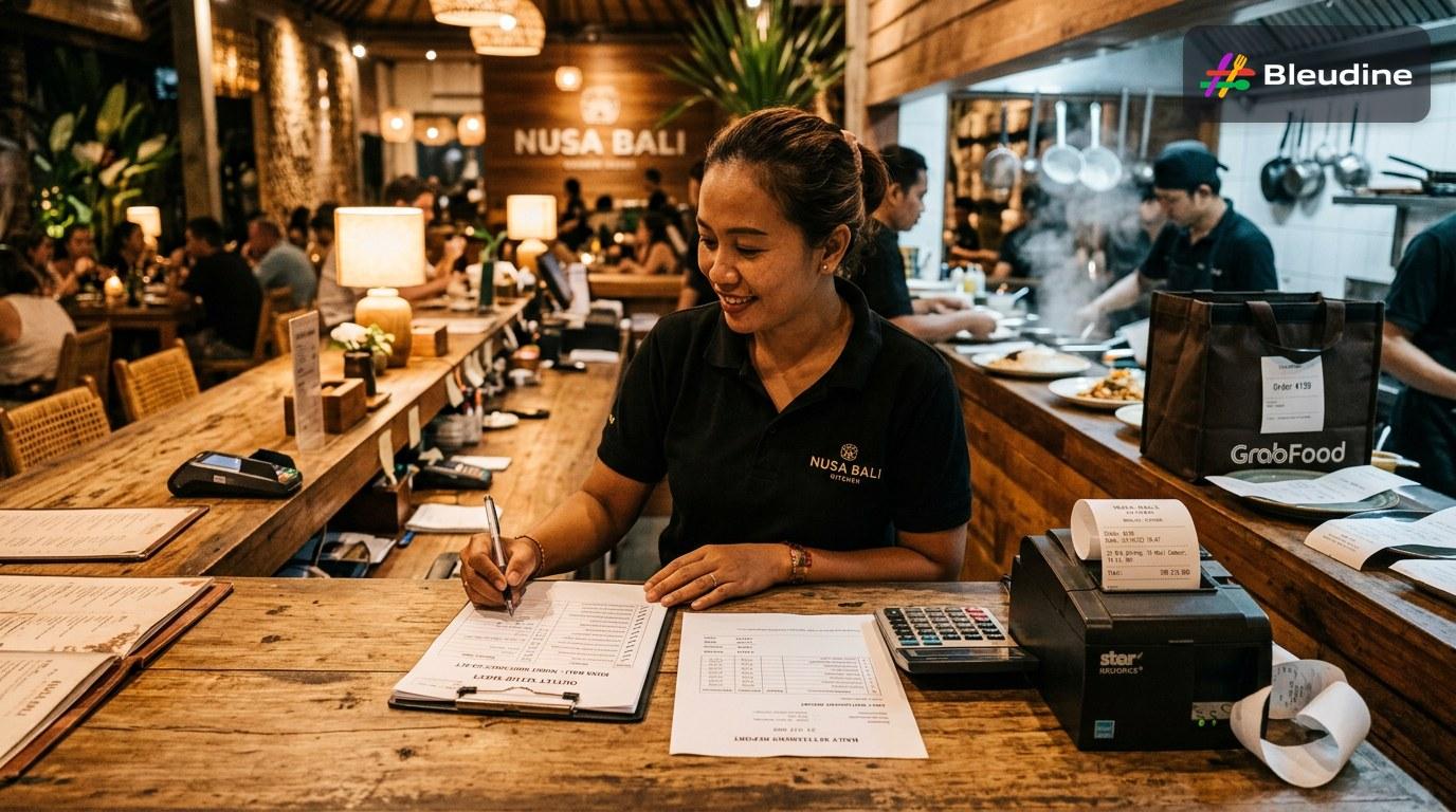Restaurant in Bali launch planning with outlet setup form, printed receipts, and settlement tracking on a counter
