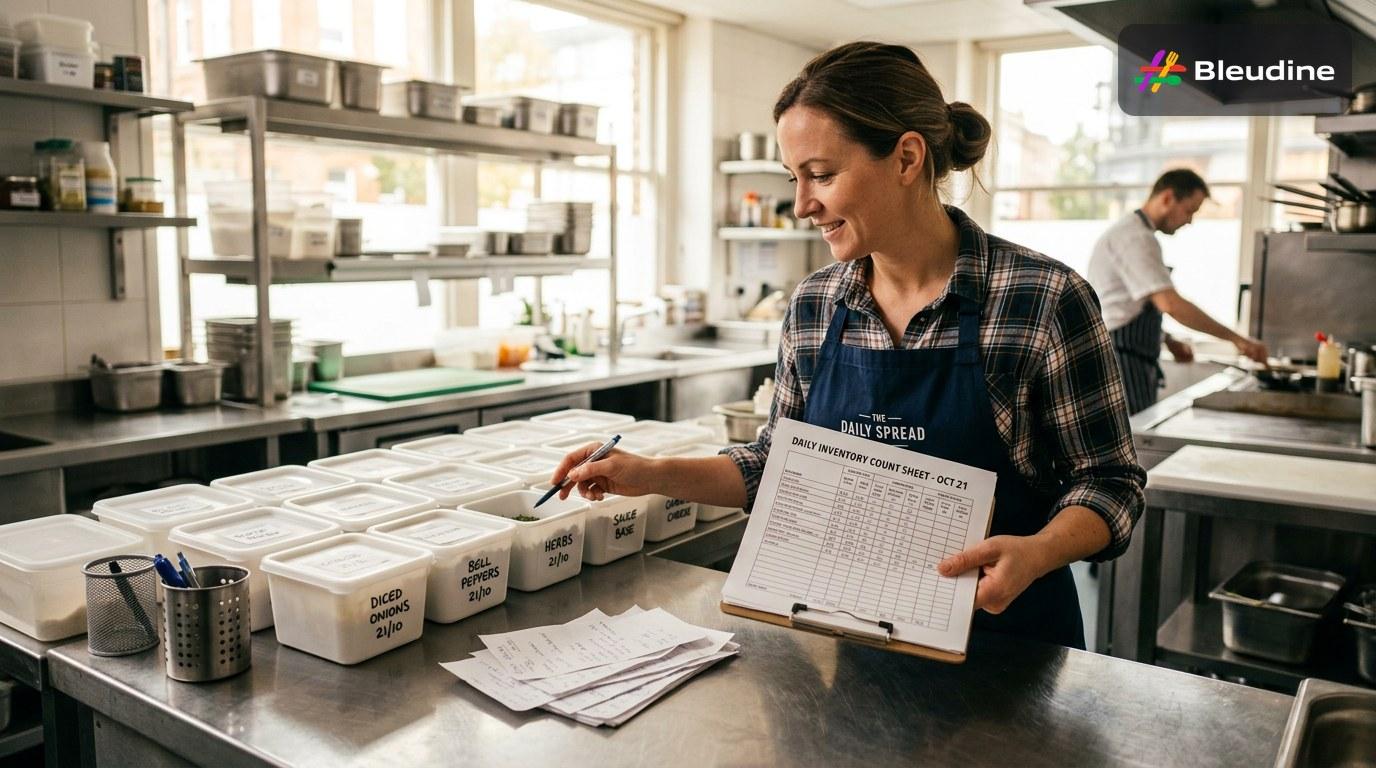 Restaurant inventory management checklist with an outlet manager reviewing stock sheets beside labeled ingredient bins and a clipboard in a bright prep area