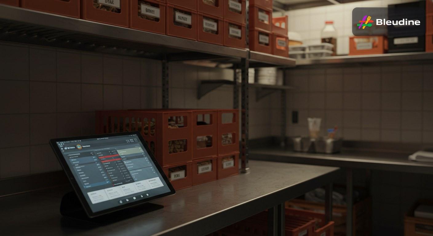 Restaurant inventory management software dashboard showing outlet-level stock control, menu items, and multi-channel operations