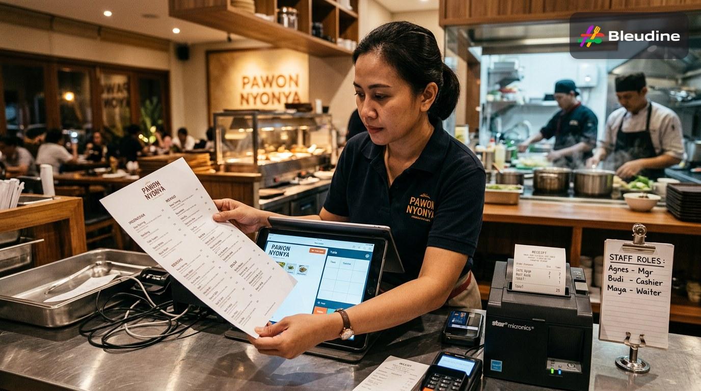 Restaurant POS app rollout checklist showing a manager reviewing a cleaned menu list beside a receipt printer and staff role sheet in a busy Indonesian restaurant