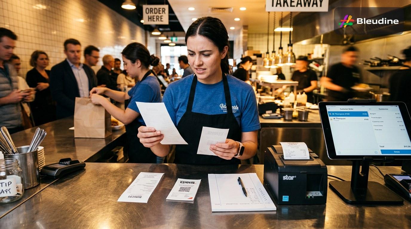 Restaurant team comparing a restaurant POS app setup with printed order slips, QRIS payment receipts, and outlet-level inventory notes on a counter