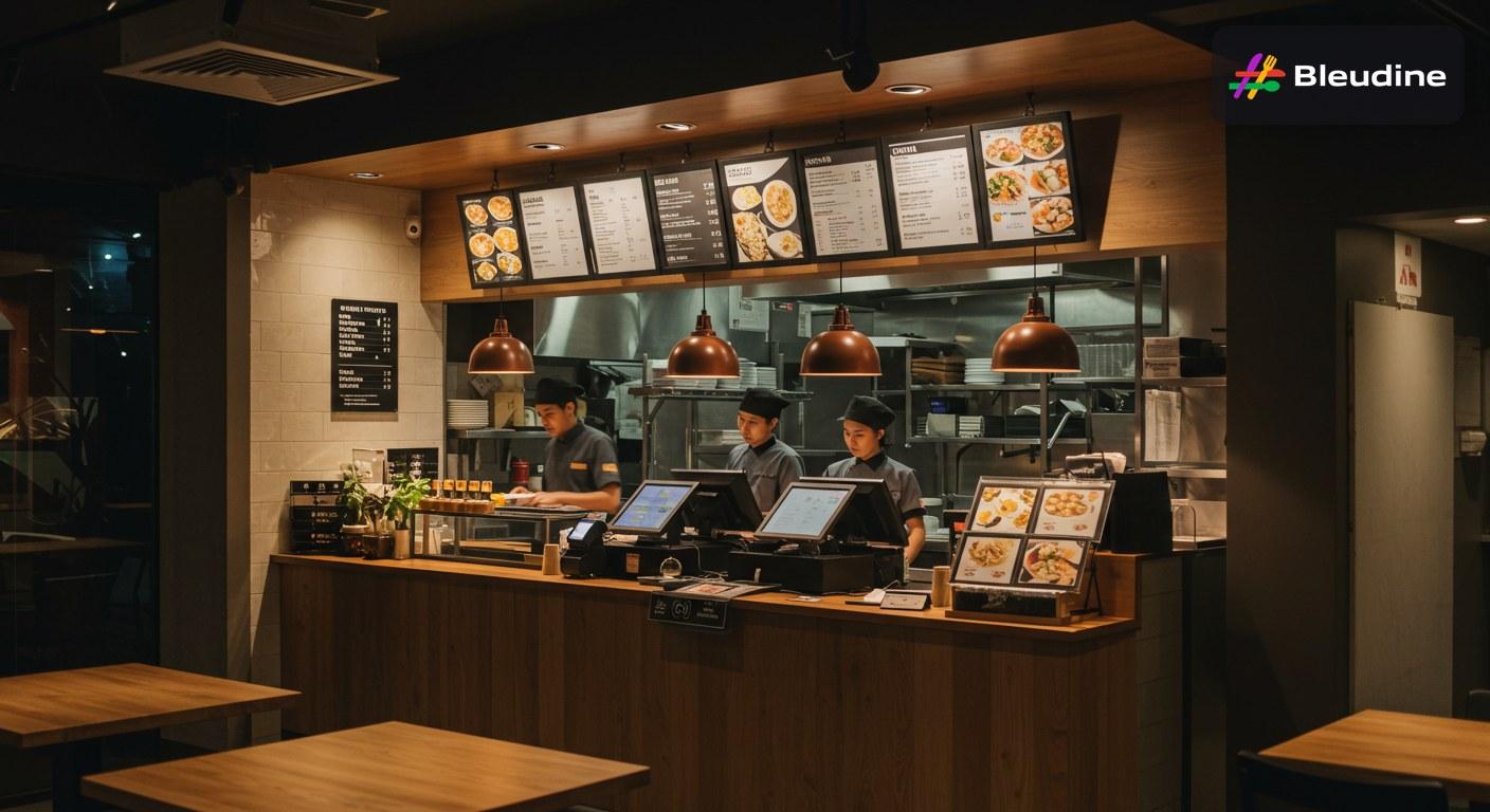 Restaurant POS application interface in a busy Indonesian restaurant with staff managing orders, printers, and peak-hour transactions