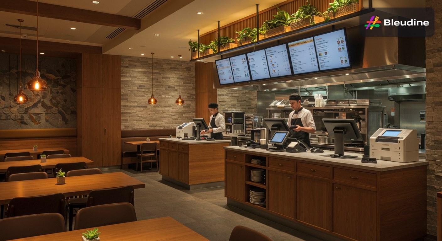 Restaurant POS systems for premium dining in Indonesia with staff managing orders, printers, and reporting on Bleudine