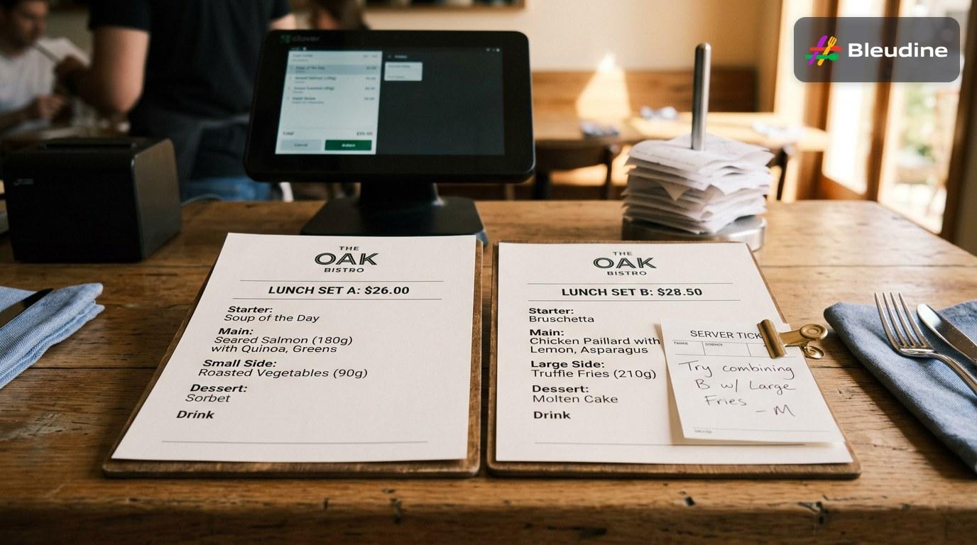 Restaurant pricing concept with a printed menu beside a bill folder and two highlighted lunch set options showing ranked value choices