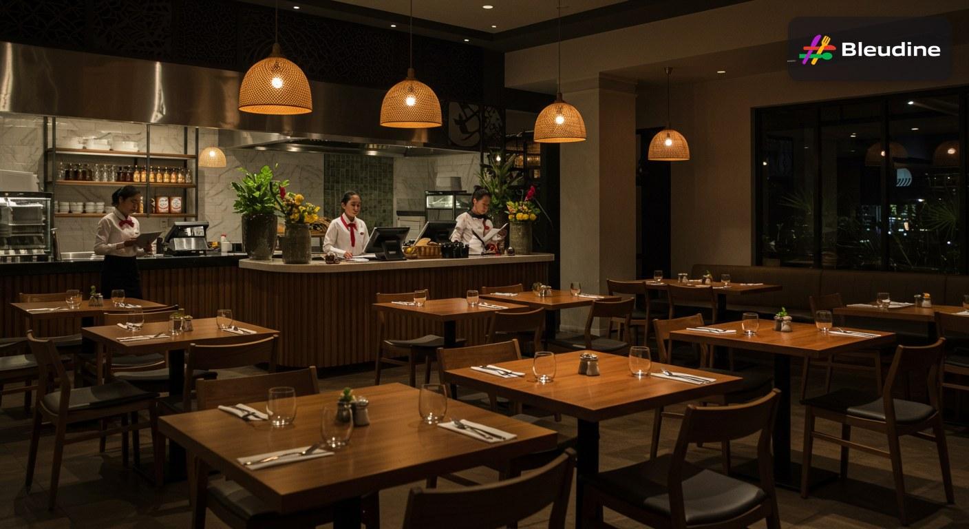 Restaurant reservation system workflow in a modern Indonesian dining room with staff coordinating table seating and peak-hour service
