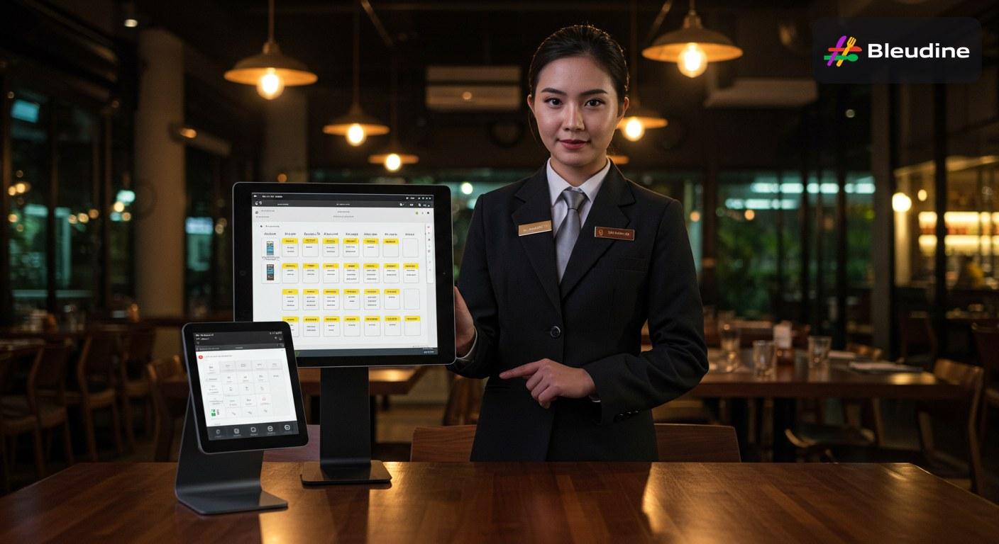 Restaurant reservation system dashboard showing table bookings, guest notes, and booking confirmations in a modern Indonesian restaurant
