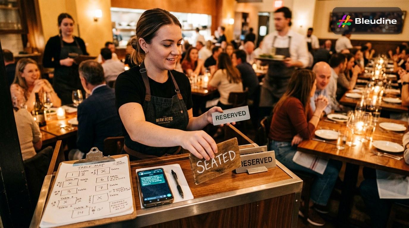 Restaurant reservation systems showing a host stand with printed table cards, a live seating board, and a staff member confirming a guest note beside a busy dining floor