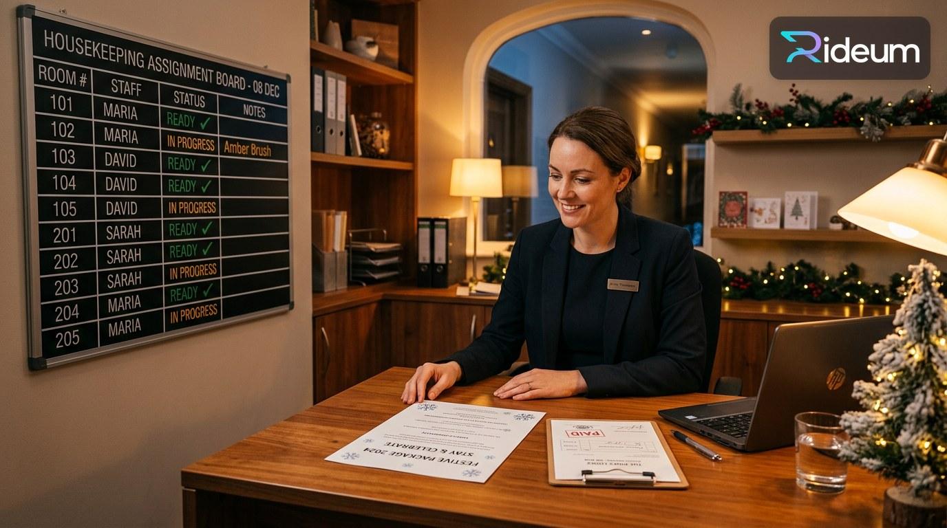 Holiday season preparation scene showing a hotel manager reviewing a printed package sheet beside a deposit ledger and a room status board with clean and ready room markers.