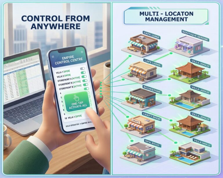 Ilustrasi proses pertumbuhan bisnis dari 1 ke 10 unit yang terhubung secara sistematis melalui cloud management system.