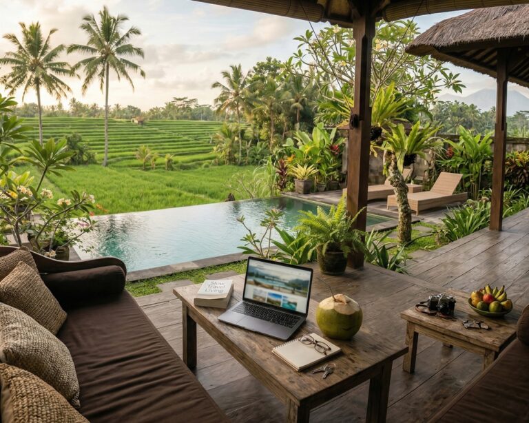 "Modern Bali villa patio with workspace overlooking rice fields, representing 2026 slow travel trend."